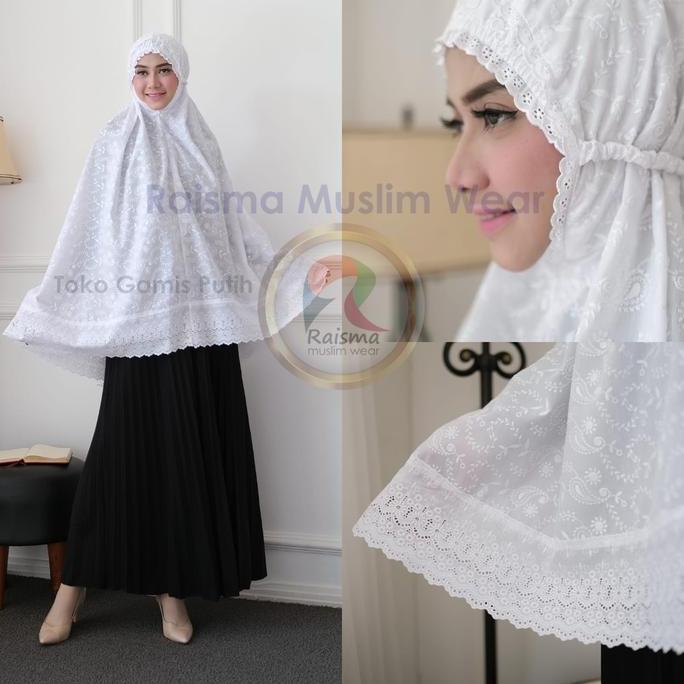 Newfhs- Raisma - Kerudung Bergo Umroh Muslim Premium Warna Putih Hitam Katun Jepang Motif Bordir Pan