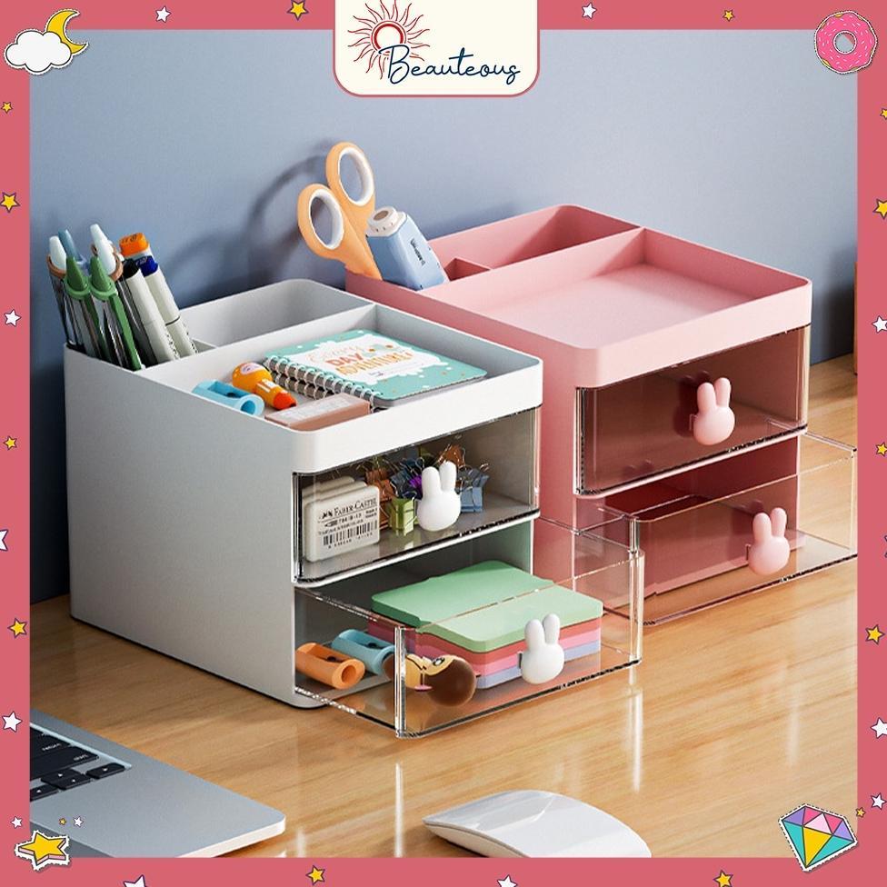 Laci Mini 2 Susun Tempat Penyimpan Stationery Meja Belajar Aesthetic Plastik Tebal Bagus