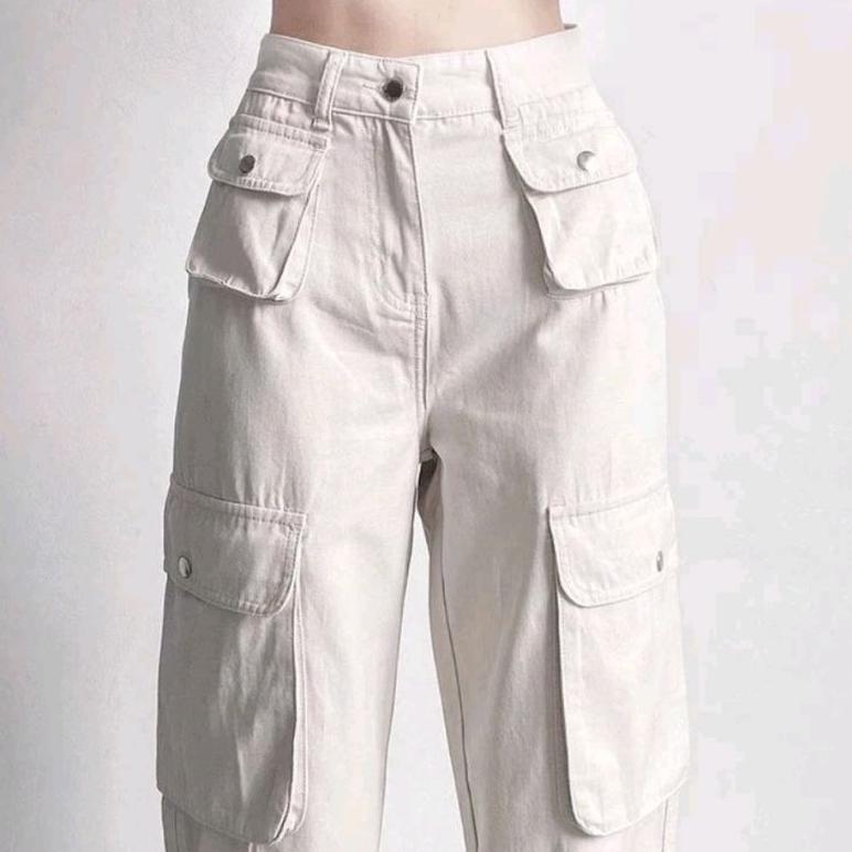 ORIGINAL CELANA CARGO KREM HIGHWAIST WANITA-CELANA CARGO DENIM PASIR PUTIH NEW-CELANA CARGO WANITA