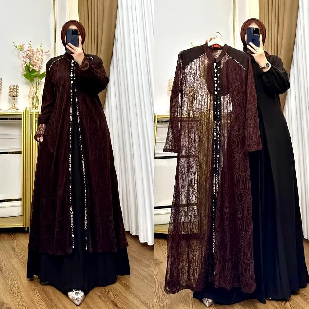 NEW Gamis Jumbo Wanita Terbaru Violla Set Dress BL Bahan Ceruty Baby Doll Mix Brukat Aplikasi Payet 