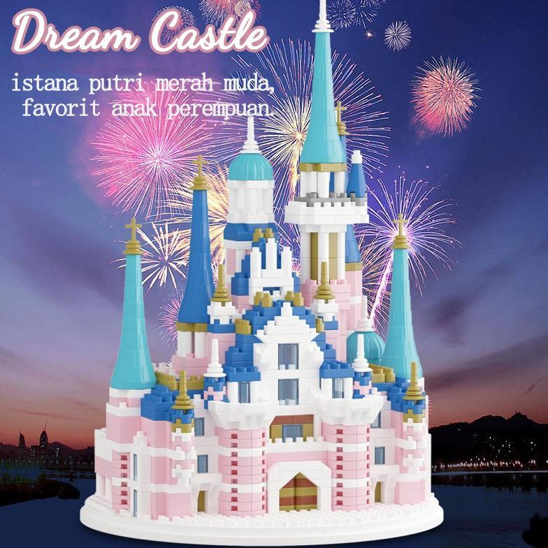 LARISS Model blok bangunan istana putri Set merah muda biru Kota gereja klasik mainan konstruksi bat