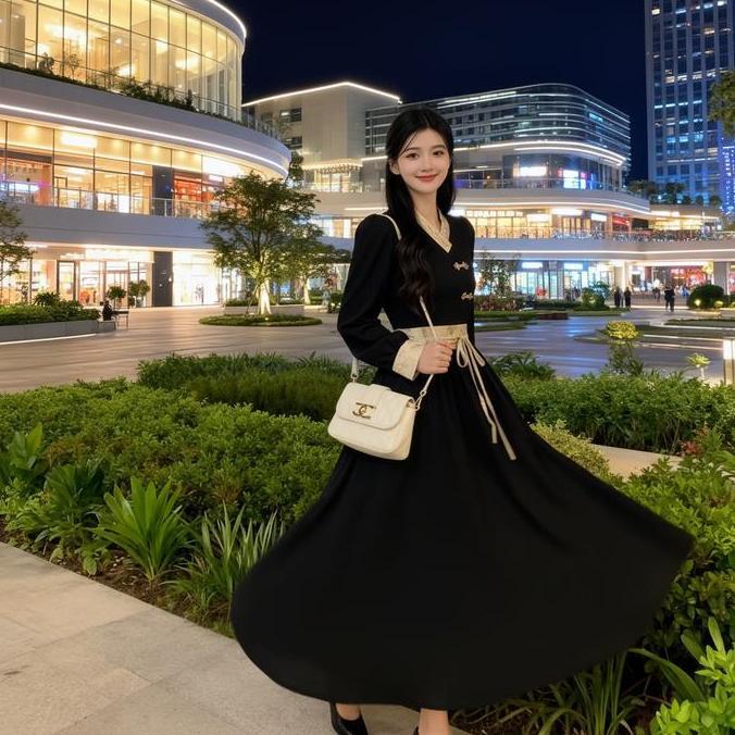 Long Dress Hitam Premium Look Vintage Modern Dress Hitam Formal Korea Motif Renda & Ikat Pinggang Mu