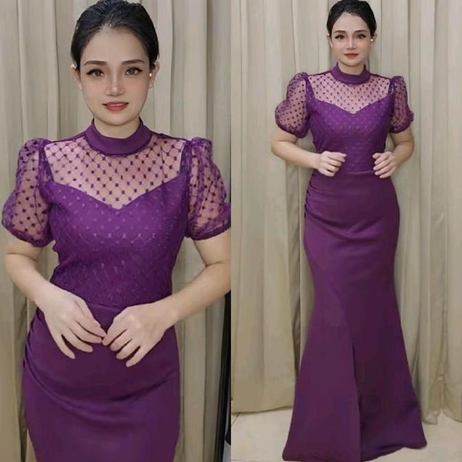 LooWear Long Dress Pesta Bodycon Duyung Lengan Pendek Tile Polkadot Premium Koleksi Butik NS