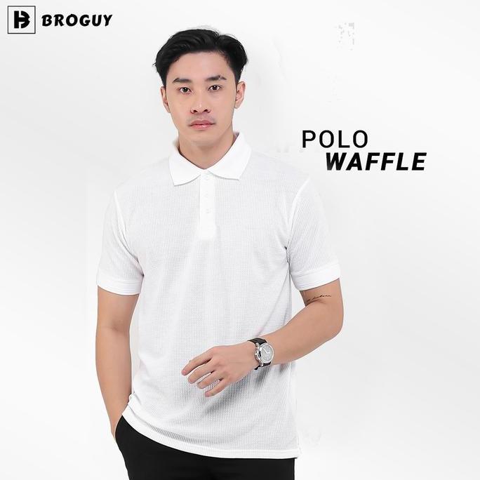 BROGUY Kaos Polo Shirt Pria Waffle Kancing Kerah Pendek White