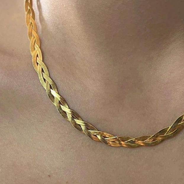 DR264 - KALUNG RANTAI ULAR FLAT MODEL 3 STRAINS BRAIDS CHAIN SATU TONE SILVER / GOLD PLATTED TITANIU