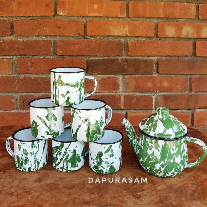 Set Teko Cebol + 6 Mug Lurik 7cm Enamel Seng Blek Gelas Jadul Blirik KUN