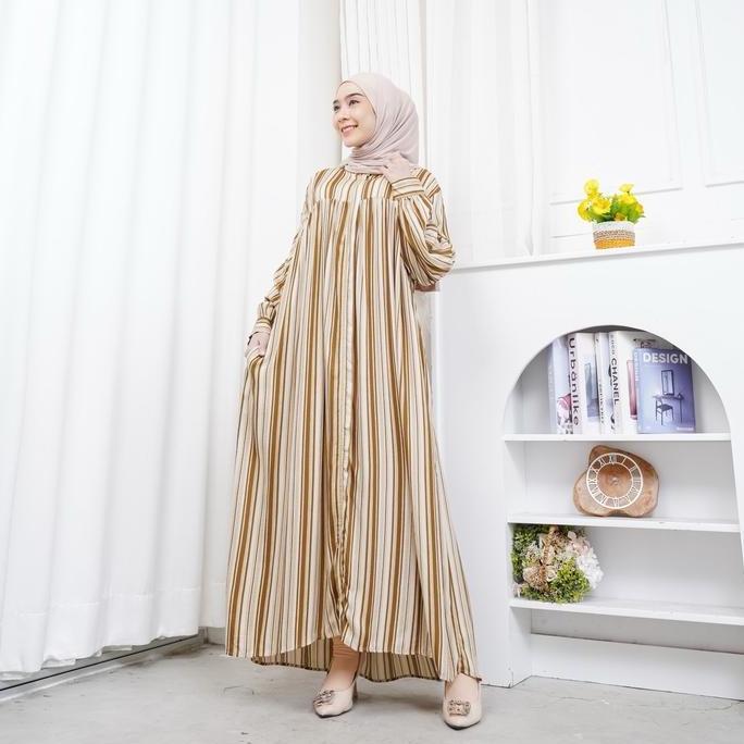 Gamis Maura Rayon Motif Garis Salur Lengan Balon Kerah Rempel Busana Muslim Dress Panjang Promo 