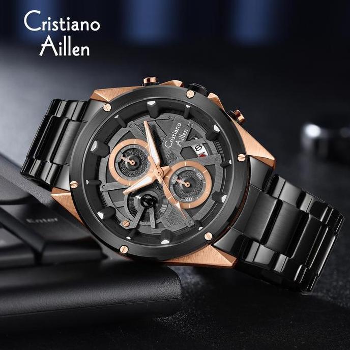 Cristiano Aillen Jam Tangan Pria Analog 8895 Rantai Stainless Steel Chronograph Kaca Sapphire Water 