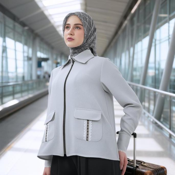 Outer Mandjha Ivan Gunawan - Xaviera Grey - Tunik Atasan Wanita Muslim Kemeja Jaket