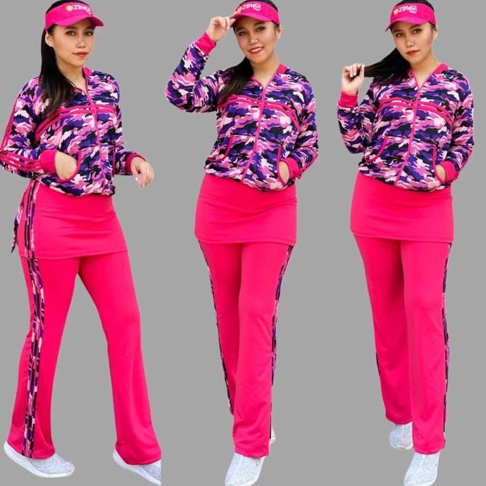 Stelan Baju Senam Aerobik Zumba Olahraga Panjang Muslim Hijab Army Rok Pink Setelan Seragam Atasan T
