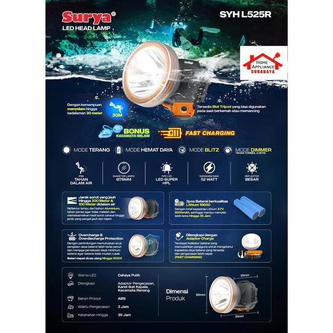 HARGA DISC - SURYA Senter Kepala Selam LED 52W SYH L525R Cahaya Putih 3.7V 6000mAh Tahan 35 Jam Bonu
