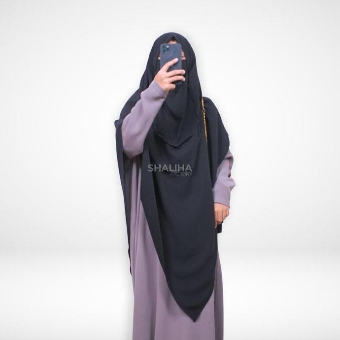 ShalihaFactory Mina French Khimar Slim Med V Oval Shape Jet Black Premium Jilbab Instan Syari Wanita