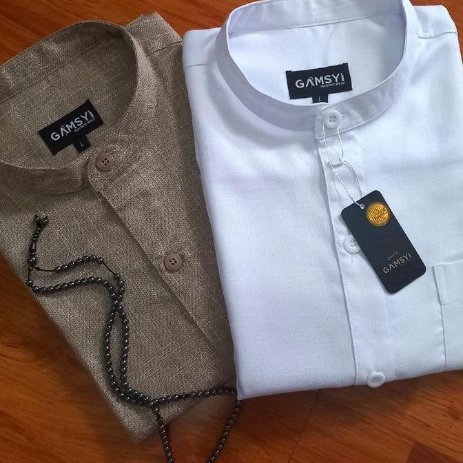 Baju koko linen Gamsyi LMH lengan panjang Polos Kerah Muslim Nyaman Putih Pria Dewasa