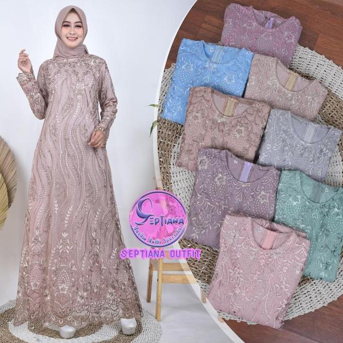 Septiana- Gamis Brukat Tile Mutiara Motif Akar Dress Burkat Tile Kondangan Elegan Simple Maxi Mewah 
