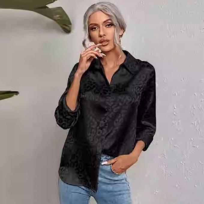 99029 Kemeja wanita satin enam warna, motif macan tutul tiga dimensi, atasan panjang Muslim longgar,