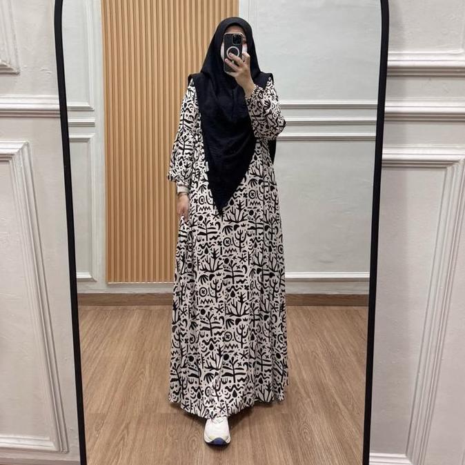 Tania Dress Gamis Rayon Viscose Busui Friendly Tanpa Hijab Manset Karet Tangan Semi Balon