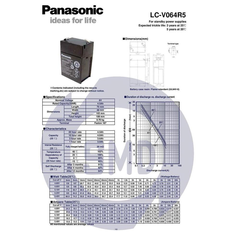 Allthebest- Aki Baterai VRLA SLA Accu Kering PANASONIC LC-V064R5NA ( 6V - 4,5 Ah)
