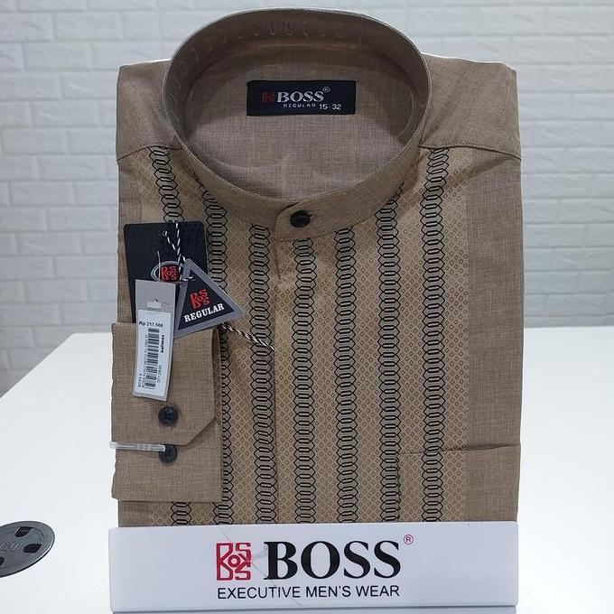 BOSS Kemeja Koko Lengan Panjang Regular Biru Salem Abu Muslim Pria Dewasa Baju Koko Elegan dengan Pi