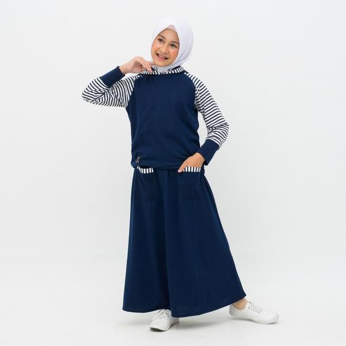 Applekidz Setelan Rok Hoodie Baju Muslim Anak Perempuan Nadine Navy Cantik Casual Simple Gamis Remaj