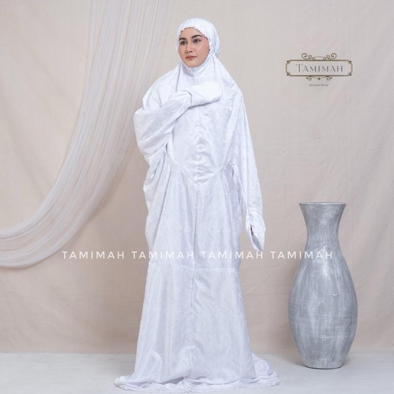 TAMIMAH - Mukena Terusan Dewasa Sutra Paris Putih Catalina Mukena Lajuran
