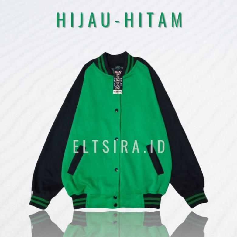 DISKON JAKET VARSITY / BASEBALL WANITA PRIA POLOS || HIJAU - HITAM