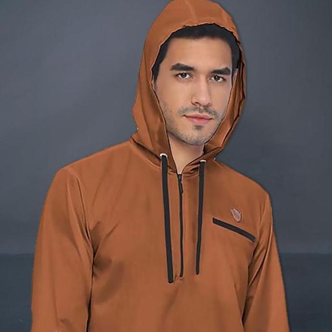 Jubah Gamis Hoodie Pria Dewasa Lengan Pendek Modern Biru Navy