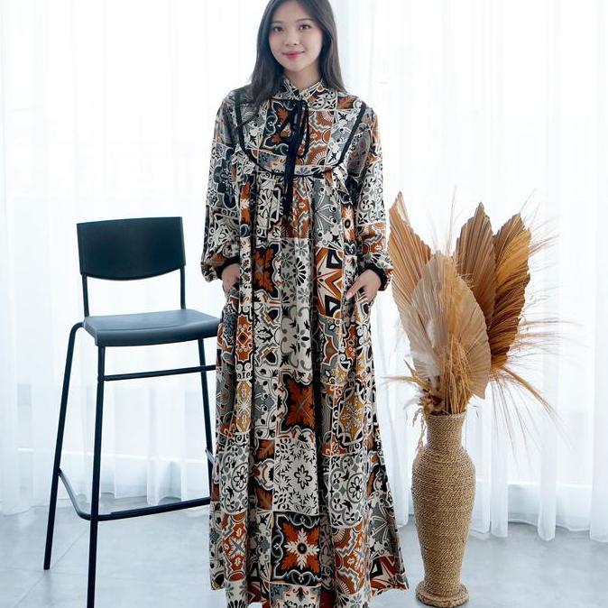 Nuboutique Paula Long Dress Rayon Panjang Lebaran Etnik Bohemian Tunic Gamis Wanita Bordir Bunga Bus