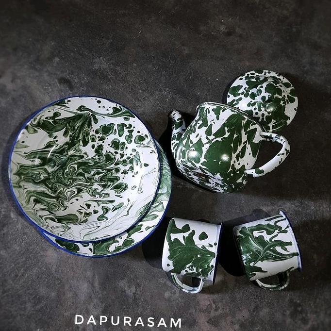 Set Piring dan Gelas Lurik Enamel Jadul Teko Kitchenware Tea tea  set SUM