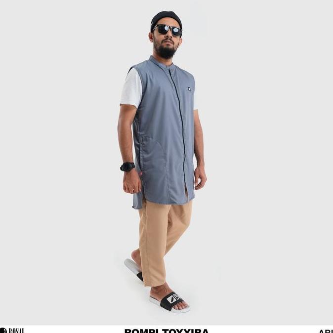 Rompi Toyyiba ROSAL Abu-abu Rompi Sholat Pria Muslim Kerah Koko Bahan Toyobo Elegan Nyaman Resleting