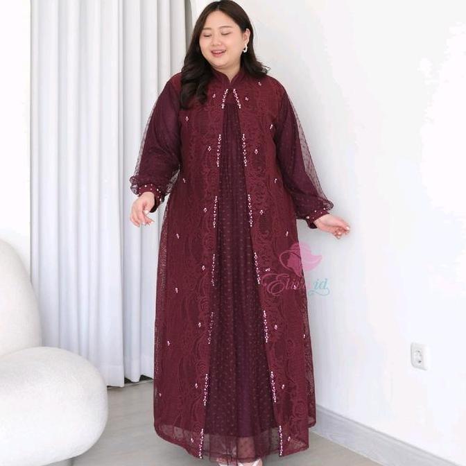 Jumbo gamis pesta violeta brukat mutiara ld 120 130 140 150 cm