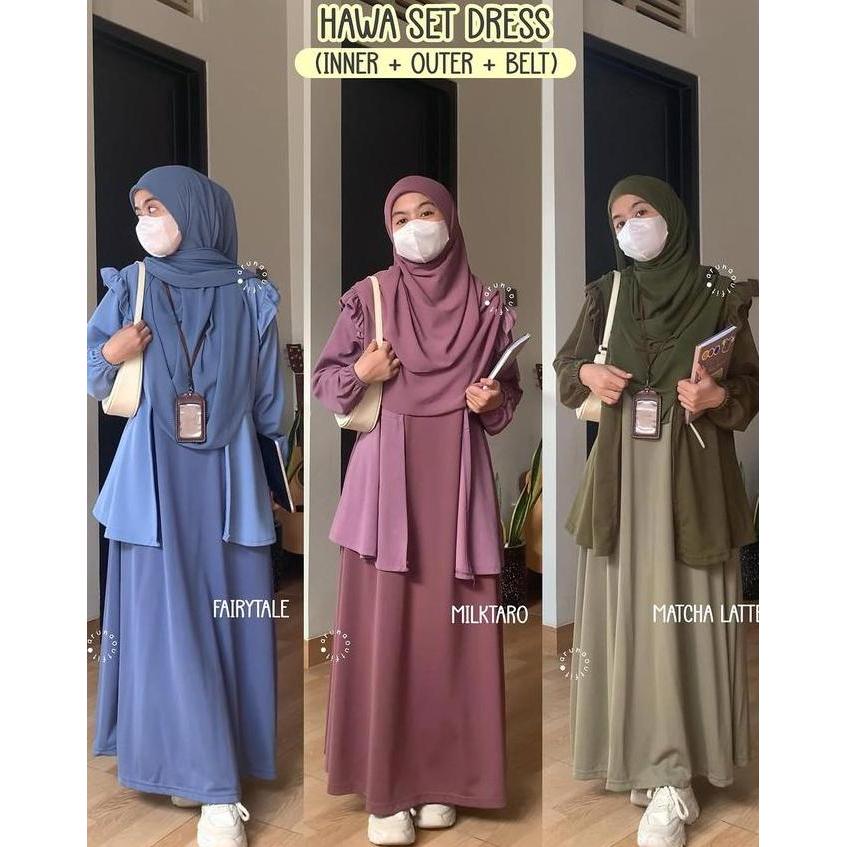 Ginfinik- Arunaoutfit - Hawa Outer / Set Dress Wanita Muslim Panjang Scuba Baju Inner Outer & Belt S