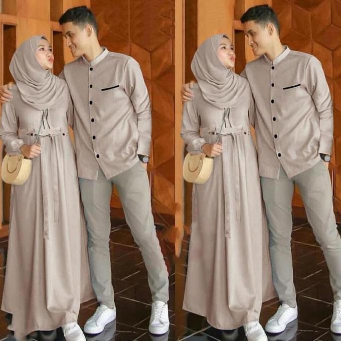Couple Baju Pasangan Gamis Set Kemeja Muslim Sarimbit Polos Terbaru HT]