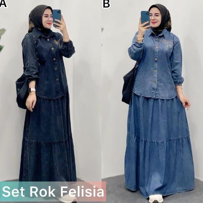 Setelan Rok Jeans Premium Ootd Hijab Jeans Premium oneset Jeans Viral