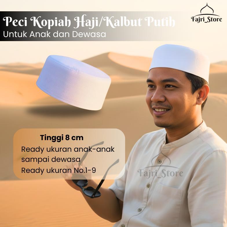 Ready Stock Kopiah Haji / Peci Batok / Peci Putih / Peci Kalbut Putih Tinggi 8 Cm