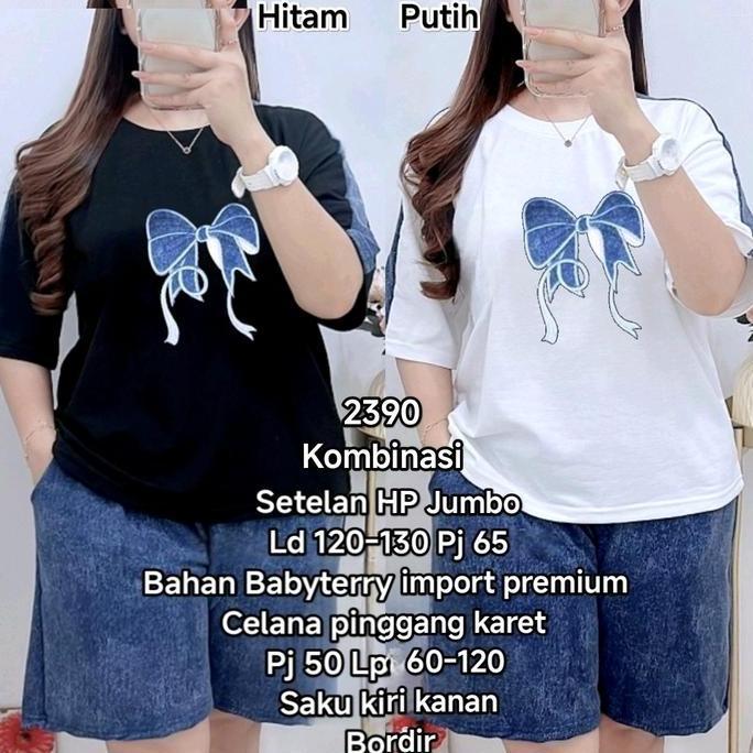 Ginfinik- Setelan Pendek Size Jumbo Bordir Baju Ld 120-135 Cm Celana Pinggang Karet 60-120 Cm Bahan 