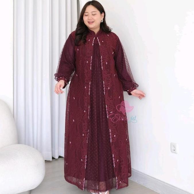 Jumbo gamis pesta violeta brukat mutiara ld 120 130 140 150 cm