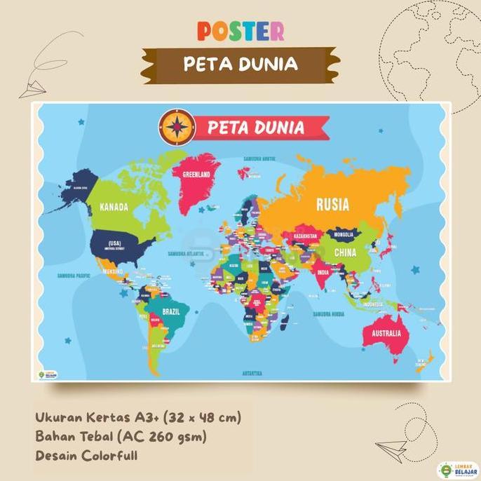 Poster Peta Dunia - Peta Benua Asia - Eropa - Afrika - Amerika - Poster Edukasi Anak