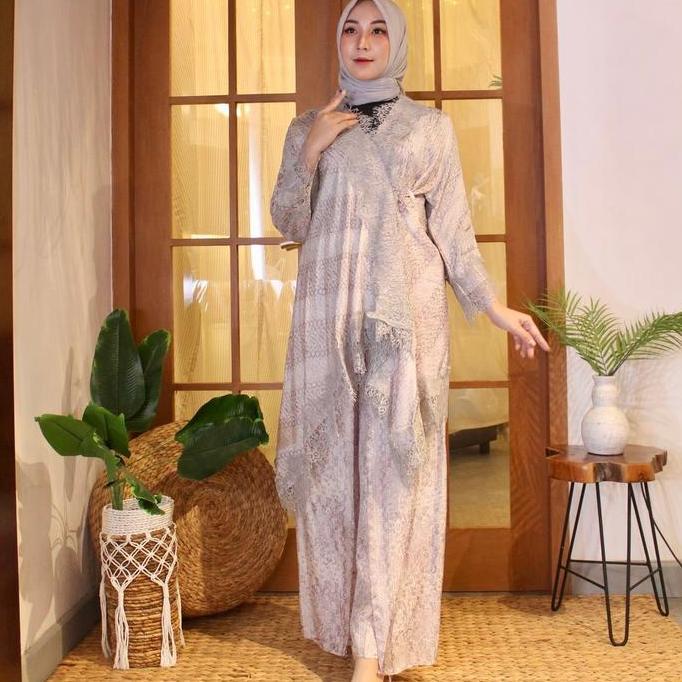 Set Celana Viscose Kimono Premium Gies Wanita Muslim Batik Outer Formal Setelan Semi Silk Co