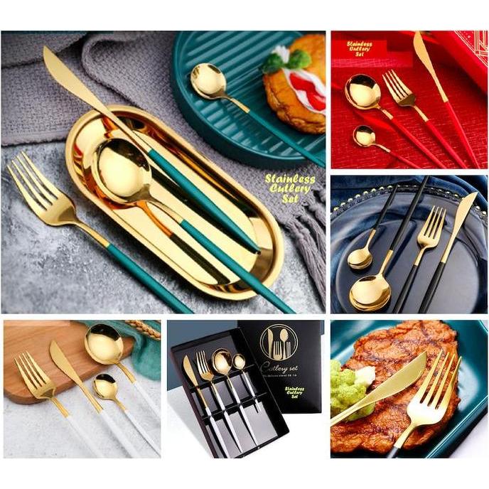 Stainless Cutlery Set Warna GOLD Set Alat Makan Mewah Elegan ada kotak