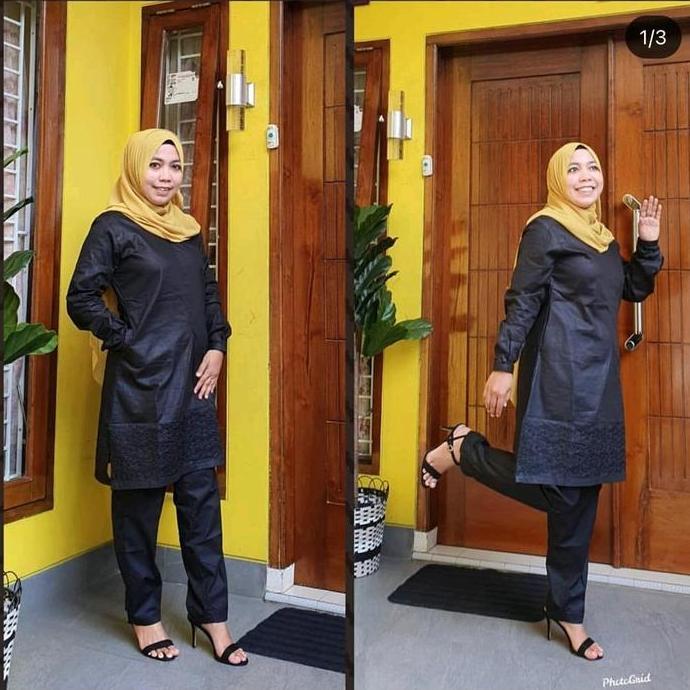Setelan Hitam Polos Bordir/Setelan Hitam/ Muslim/ Wanita/ Katun/Tunik/ Baju Co