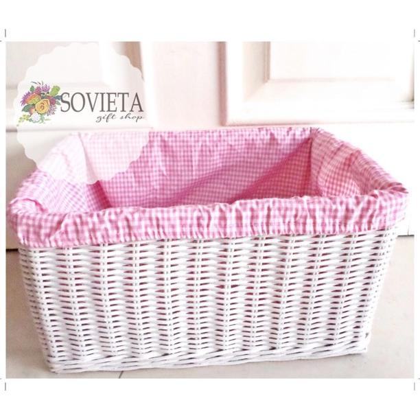 [RTN] Kotak Keranjang Rotan Putih Lapis Kain Motif Kotak-Kotak Pink