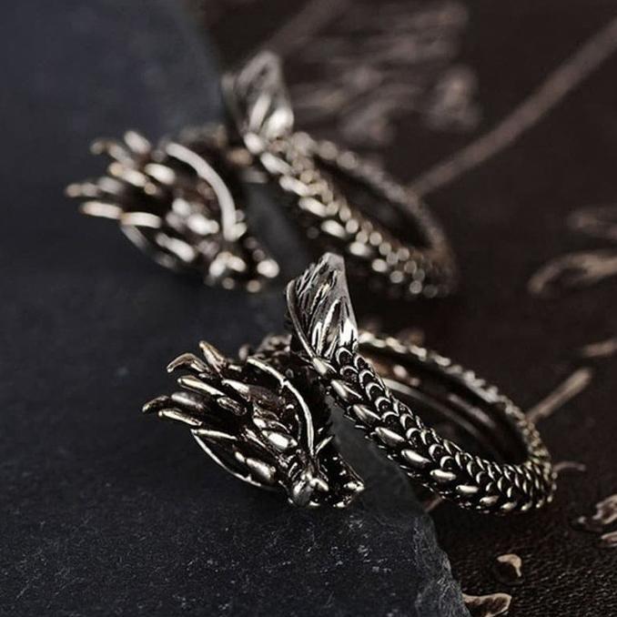 Cuci Gudang Cincin Adjustable Titanium Naga Melingkar Pria Perak Premium Ori C92