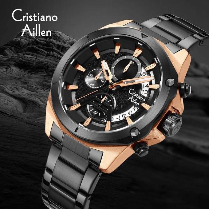 Cristiano Aillen Jam Tangan Pria Analog 8896 Rantai Stainless Steel Chronograph Kaca Sapphire Water 