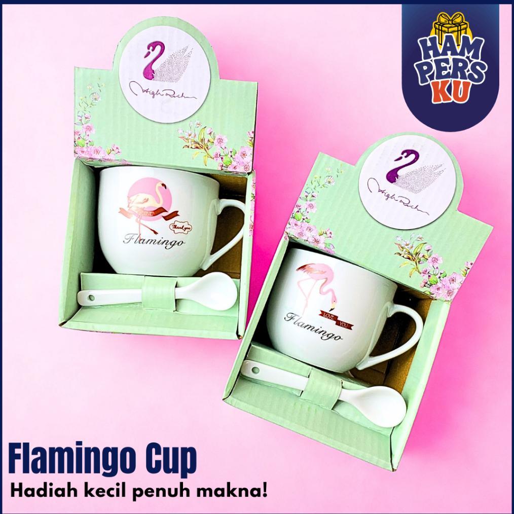 DISKON HAMPERS GELAS KOPI KERAMIK SET SENDOK MOTIF FLAMINGO COUPLE SOUVENIR CANGKIR ELEGAN ACARA SPE