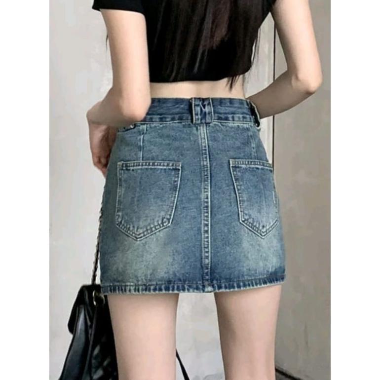 Rok Jeans Pendek Wanita Jumbo Mini Kekinian Korean Style Skirt Denim Terbaru Sexy