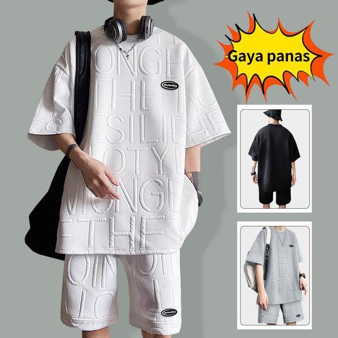 baju 1 set pria keren setelan outfit pria baju lengkap 1 set pria kaos oversize pria celana pendek b