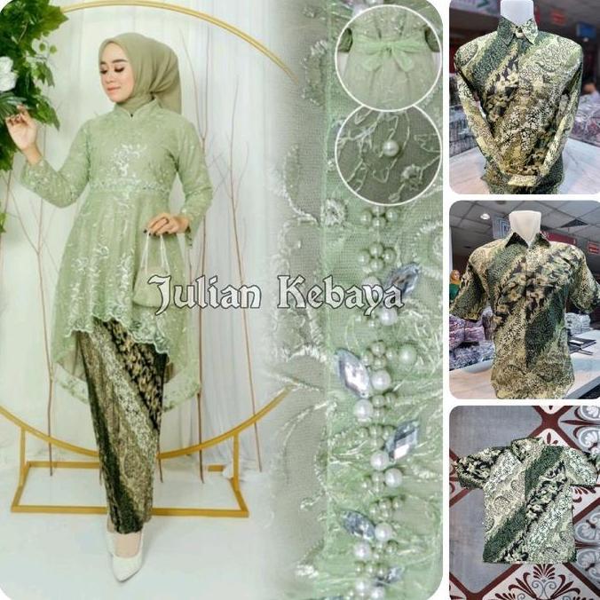 Setelan Baju Couple Kebaya Tunik Payet Sage Green Dan Kemeja Batik Pria Atasan Kondangan Keluarga Pa