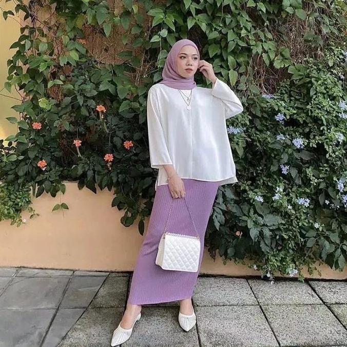 DV56 - Rok Span Scuba Rajut Panjang Wanita Bawahan Casual Basic Kerja Muslim Hitam Dewasa