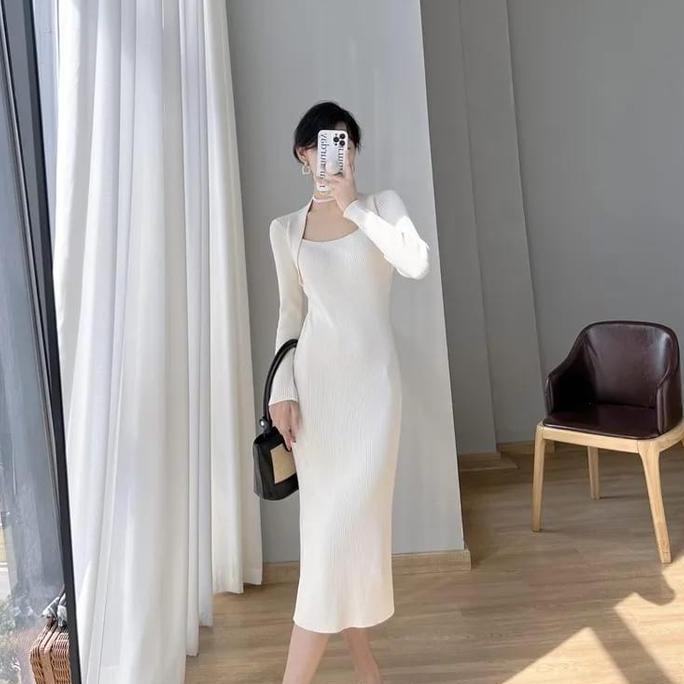 DR247 - Dress Bodycon Square Neck Lengan Panjang Wanita Korean Style - Korean Midi Dress Polos 6049