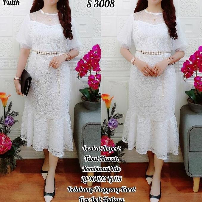 DR318 >> Dress Brukat Duyung Putih Polos Free Belt Midi Dress Pesta